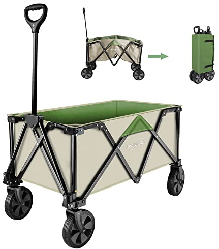 HAUSHOF Heavy Duty Collapsible Wagon, Folding Outdoor Utility Wagon, Camping Garden Beach Cart with Universal Quick Release Wheels, Adjustable Handle, 2 Cup Holders, 176 lbs Load Capacity, Green