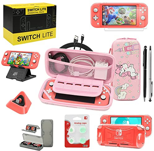 Switch Lite Zubehör-Set, Set mit Tragetasche, TPU-Schutzhülle mit Displayschutzfolie, Ladestation, Spielkarten-Hülle, USB-Kabel, Eingabestift, Daumengriffkappen für Nintendo Switch Lite (Rosa)