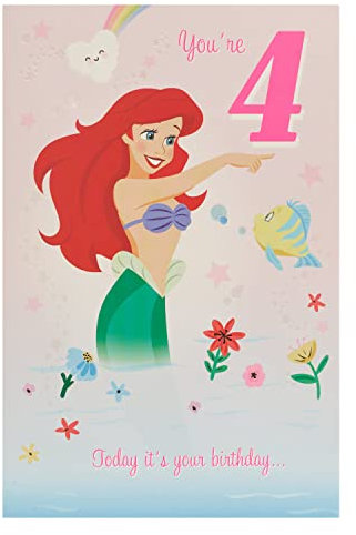 UK Greetings Disney Geburtstagskarte zum 4. Geburtstag für sie/Mädchen, mit Umschlag – hübsches Design – mit Arielle, 149 mm x 229 mm
