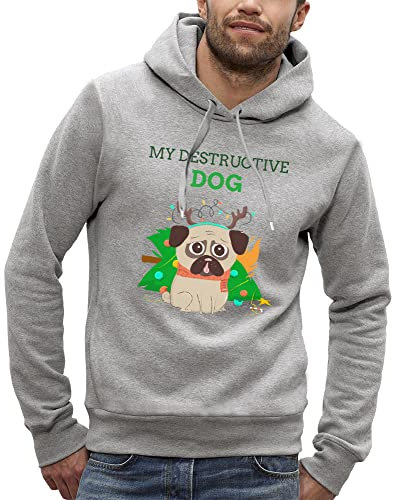 PIXEL EVOLUTION Kapuzen-Sweatshirt für Weihnachtshund – Der Hund Zerstörer des Weihnachtsbaums Herren, grau meliert, XXL