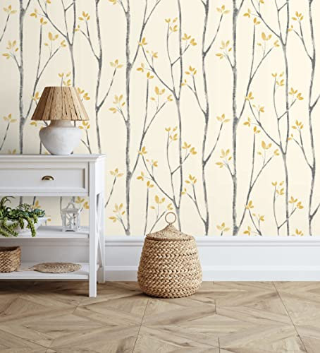 GAULAN 680945 - Papel pintado de ramas de árboles nórdicos con hojas mostaza para pared salón cocina baño dormitorio pasillo - Rollo de 10 m x 0,53 m