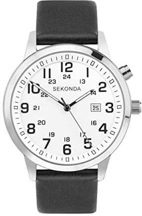 Sekonda Easy Reader Herren-Quarzuhr 46 mm in Weiß mit analoger Datumsanzeige und schwarzem Lederarmband, silber, Armband