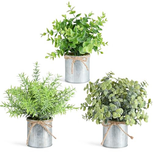 HOFMEFY Metal Potted Plants Artificial Eucalyptus Mini Home Greenery Decor Set of 3 for House Office Balcony Desk Bathroom Decoration