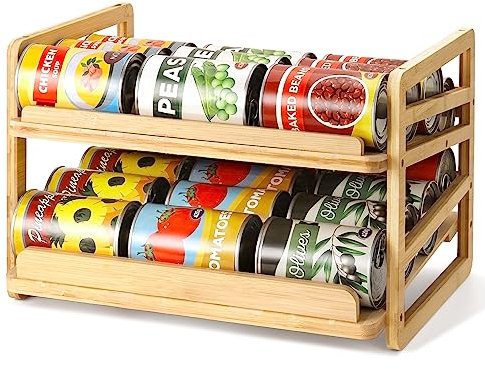 Yumkfoi Rolling Bamboo Can Organizer Rack, Stackable Double-Layer Can Organizers and Storage for Pantry
