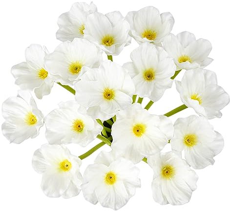 VaryFloral 16 st vita vallmoblommor, konstgjorda silkesblommor, realistiska falska blommor, äkta beröring, falska vallmo blommor med stam, vita falska vallmo konstgjorda blommor bukett