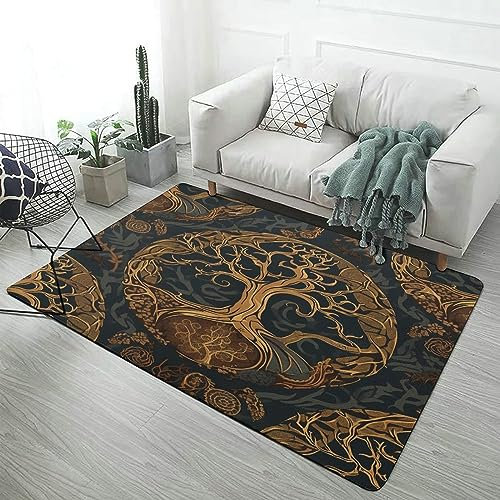 Wikinger-Teppich, Rechteckig, Teppich Mit Nordischen Mythologie-Musterdruck, Weiche Flanell-Bodenüberwurfmatte für Modernes Schlafzimmer und Wohnzimmer ( Color : Tree of Life , Size : 160 x 200CM )