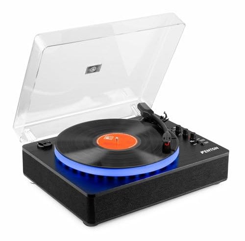 Fenton RP162LED Tocadiscos con luz LED, moderno tocadiscos Bluetooth con altavoz, giradiscos, reproductor vinilos con illuminación LED, entrada y salida Bluetooth, AUX, reproducción y codificación USB