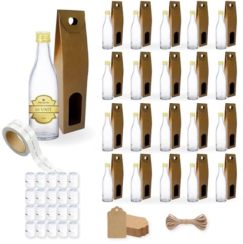 20 Mini Bouteilles en Verre 50ml avec Bouchon a Vis Doré + Boîte + Sceau + Étiquette Kraft + Fil + Étiquette Personnalisable | Mignonnettes Alcool 5cl, Petites Fioles Échantillons | Cadeaux, Mariages