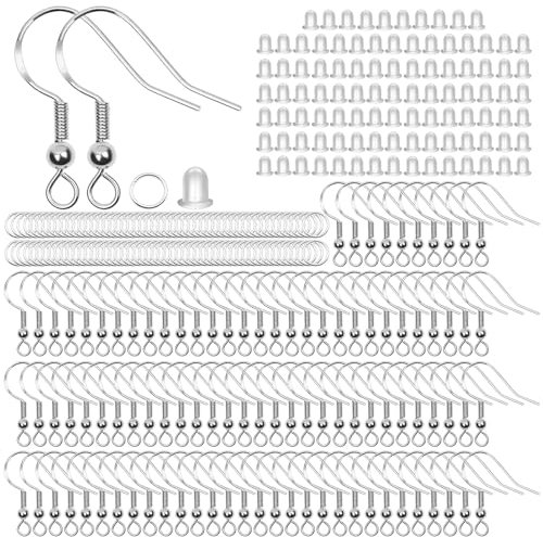 Fyfjur 300 Stück Ohrringe Selber Machen, 925 Silber Ohrringe Selber Machen Set Hypoallergene,Ohrring Haken mit Durchsichtigen Gummi Ohrstopper und Spule, Ohrringe Diy, Ohrhänger Ohrhaken