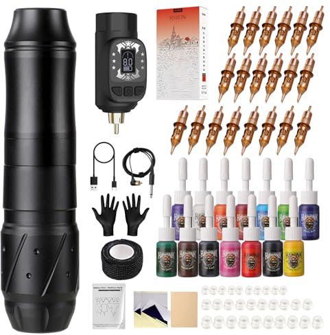 HAWINK Tattoo Maschine Set Tattoo Kit mit 1600mAh Akku 20PCS Tattoo Nadeln 14 Tattoo Farbe Komplette Tattoo Zubehör EM155TI201EN02-1