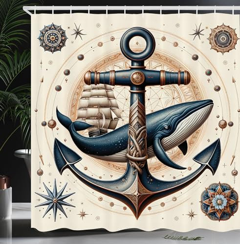 ABAKUHAUS Nautisch Duschvorhang, Ankermotiv mit Wal und Vintage Klassik Schiff Mandala Astronomie, Stoffliches Gewebe Badezimmerdekorationsset mit Haken, 175 x 180 cm, Dunkles Teal Redwood Elfenbein