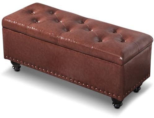 Shally Dogan Puf arcón contenedor con Revestimiento de Piel sintética, reposapiés para Dormitorio, Banco, Taburete de salón o sofá con Estructura y Patas de Madera (marrón)