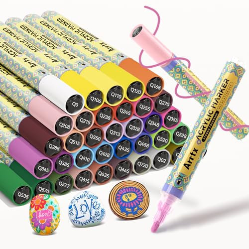 Arrtx 36 rotuladores de color acrílicos e impermeables, punta mediana de 3 mm, rotulador acrílico permanente para pintar piedras, cerámica, cristal, madera, lienzo, tarjetas y manualidades