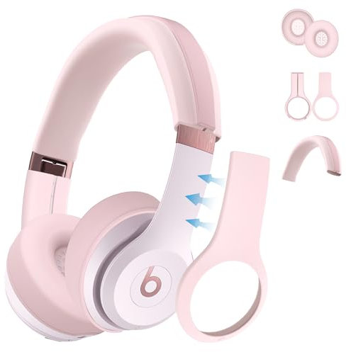 【3 in 1】 Silicone Case for Beats Solo 4 Headphones, Protective Silicone Covers for Beats Solo 4 Shell/Ear Pad/Headband Cover, Accessories Silicone Skin Protector for Beats Solo 4 - Pink