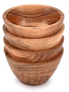 Mahasu Soup Bowl Acacia Wood Bowl Sets of 4 Prep Bowl Dinner Bowls Cereal Rice Bowls Multipurpose Round (11.43cm x 11.43cm x 6.35cm)