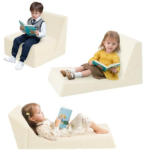 MeMoreCool Kindersofa Ausziehbares Schlafsessel, Sitzsack für Kinderzimmer, Lounge Stuhl Faltbarer Boden Lounger, 3-in-1 Klappstuhl für Kinder, Liegestuhl für Kleinkinder 1-3 Jahre, Beige