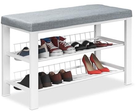 Relaxdays Schuhbank, Polsterbank mit Schuhablage, 2 Ebenen für Schuhe, HBT: 50,5 x 82 x 33 cm, Stoff & Metall, grau/weiß