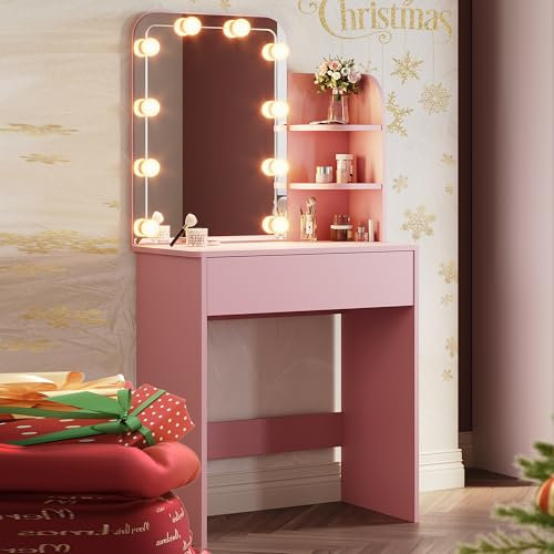 SONNI, Specchio Trucco con Luci, Toletta con Cassetti con Lampadine LED a 3 Colori 70x40x140cm, Rosa Toeletta Trucco Bambina