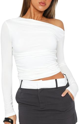 YILEEGOO Women Sexy Sleeveless One Shoulder Crop Tank Tops Ruched Tight Slim Fitted Workout Y2K Vest Top Trendy Cami Going Out Tops (Z1 Long Sleeve White, M)