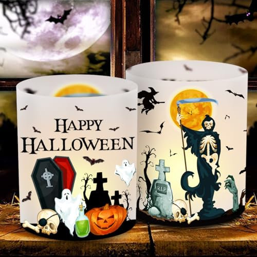 12 Windlicht Tischdeko Halloween, Party Deko Tisch, Halloween Lichthülle mit Geist Kürbis Fledermaus Grabstein, Geeignet für Teelicht oder Kerzen