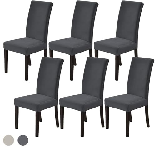 Stretch Samt Stuhlhussen 6er Set – Weiche, Elastische Stuhlbezüge aus Velours für Esszimmerstühle, Waschbare Schutzhülle für Küche, Restaurant, Hotel, Hochzeit und Bankett, dunkelgrau