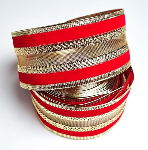 CaPiSo 10m Weihnachtsband Draht Schleifenband Geschenkband mit Sternen Glitzer Adventskranz Dekoartion Advent Weihnachten (Velour 10m 50mm Exclusiv Rot-Gold)