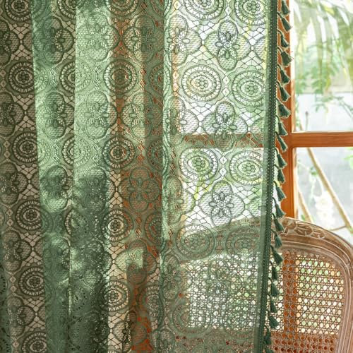 Dark Green Lace Curtains 84 Inch Long for Living Room 2 Panels Vintage Boho Look Floral Crochet Pattern Tassels Sheer Curtain Panels for Closet Doors Light Filtering 70s Curtains 59 W x 84 L
