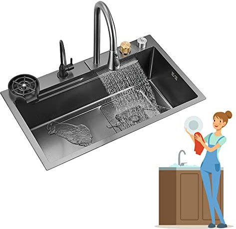 Fregadero de cocina de acero inoxidable negro, fregaderos utilitarios Nano Raindance Waterfall, fregadero de estación de trabajo empotrable o bajo encimera con lavaplatos y grifo extraíble, para u