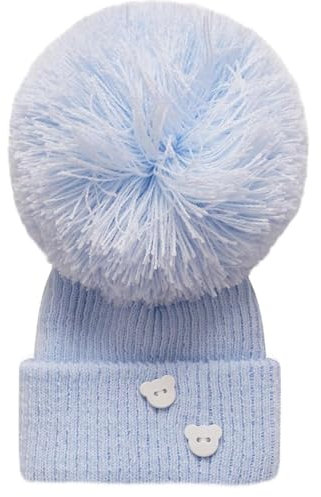 SOHOBABY™ Baby-Mütze, hergestellt in Großbritannien, Einzelbommel, Teddy-Knöpfe, Größe UK, Alter, Frühchen, 0 Monate, Blau, blau