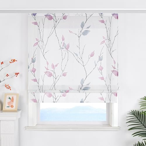 ESLIR Raffrollo mit Klettband Landhaus Gardinen Küche Transparent Raffgardinen mit Klettschienen Weiß Wohnzimmer Bändchenrollo mit Blattdesign Violett BxH 140x140 cm 1 Stück