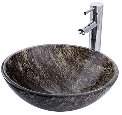 SGKOMN Lavandino da appoggio per Bagno in Pietra, Colore Artistico, in Vetro temperato, lavabo da appoggio Rotondo, Installazione su Piano, lavandini per Mobile Bagno con Rubinetto, s