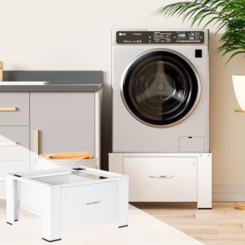 Herrselsam Armario universal para lavadora con cajón, 62 x 54 x 32 cm, pedestal para lavadora y secadora, revestimiento de goma que reduce el ruido, ideal para lavadora, secadora, color blanco