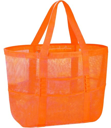 FairyPeach SilverChry Mesh Strandtasche, Aufbewahrungstasche Strand, Campingtasche, Sandspielzeug Tasche, Strandtasche Damen, Schwimmbadtasche, Einkaufsnetz Groß, Duschtasche Camping (Orange)