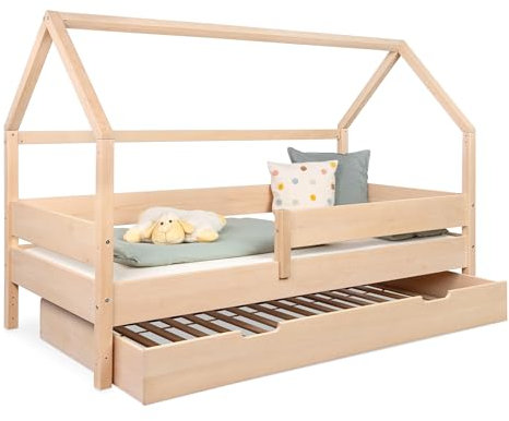 Ehrenkind® Hausbett Buche Nova | Hochwertiges Buchenholz | Kinderbett mit Rausfallschutz | höhenverstellbar Massivholz inkl. Lattenrost | Kinder Bett | Hausbett 200x90 | Natur mit Bettkasten