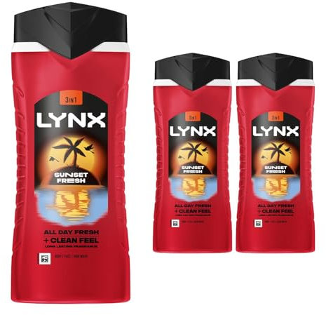 Lynx Body Wash Multipack Sunset Fresh 3-in-1 Men's Shower Gel for Hair, Face & Body 12H Sweat and Odour Protection Energising Mango and Mandarin Scent 500ml, 3 Pack