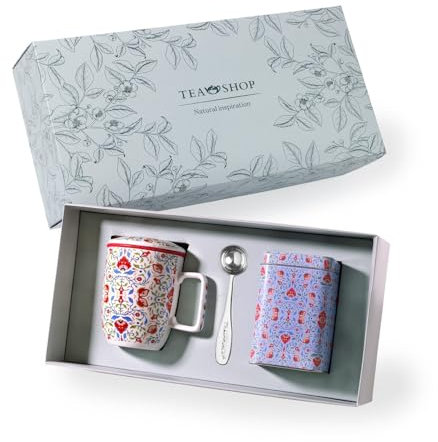 TEA SHOP - Pack Taza de porcelana con Filtro y Tapa + Lata y Cuchara medidora - Set Tea Time Amalfi - Perfecto para Regalo
