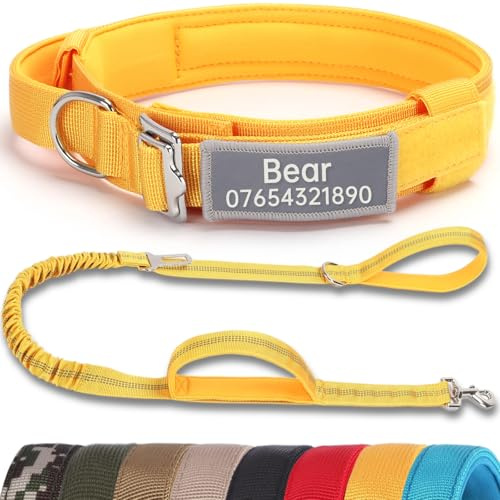 SEOUGEE Tactical Dog Collar Personalised with Handle and Leash Set, Soft Padded Dog Collars with Custom Reflective Name Patch, Pet Collars with Portable Buckle for Medium Large Dogs (Yellow Set, XL)