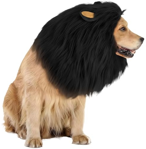 GWAWG Lion Mane Wig for Dog and Cat Costume, Adjustable Pet Costume with Ears for Dog (Black)