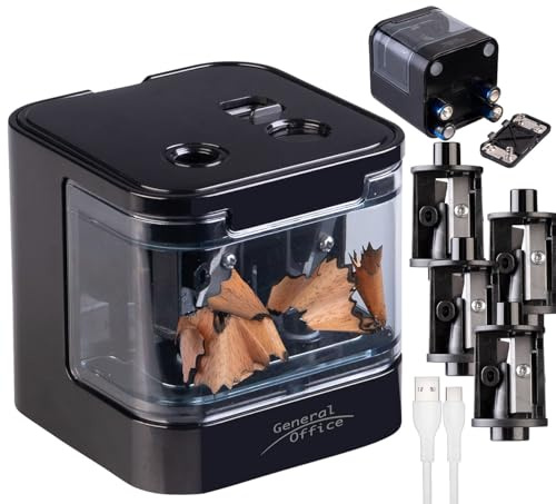 General Office Anspitzer: Bleistiftspitzer, USB- & Batterie-Betrieb, 6-12 mm Ø Stifte, schwarz (Spitzer Batterie, Doppelanspitzer, Messer)