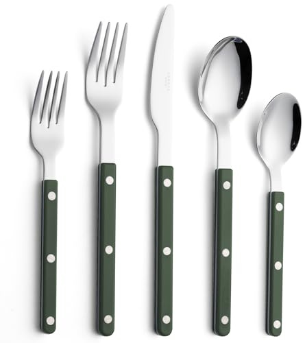 ANNOVA Juego de cubiertos de acero inoxidable retro/rivet de colores, incluye cuchillos, tenedores, cucharas, tenedores para ensalada y cucharas para postre(Verde oscuro, 10 piezas)