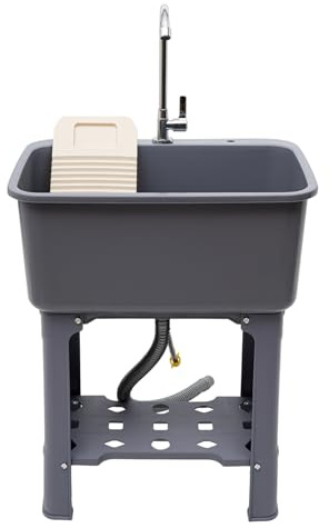 Fregadero de lavandería de plástico con grifo giratorio de 360° y estante de almacenamiento, fregadero independiente de alta resistencia, ideal para taller, lavadero, garaje e invernadero (gris)