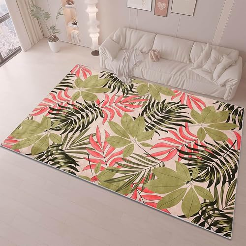 ZCLRUG Fern plant Area Rug 70 x 140 cm, Tropical palm leaves pattern Rug, Soft Low Pile Non-Shedding Modern style Non-Slip olive green Rose red Floor mat for Bedroom Living Room Indoor Carpet
