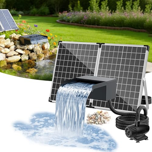 POPOSOAP 75W Solar Pond Waterfall Filter Kit for Pond Stream Cascade Garden | 304 Stainless Steel Rust-Resistant Spillway Box, Adjustable 2100 L/H Pump,Multi-Filtration System, 9.8ft Tubing,16.4ft Cable