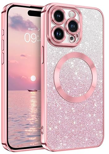 DUEDUE Glitzer Hülle für iPhone 15 Pro 6,1'' [Kompatibel mit MagSafe] Glitzer Handyhülle mit Kameraschutz, Magnetische Stoßfeste Schutzhülle Soft TPU für iPhone 15 Pro Case, Orange