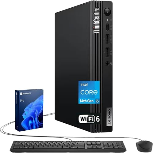 Lenovo ThinkCentre M70q Tiny Business AI Desktop, Intel Core i5-14400T, 32GB DDR5, 1TB SSD, HDMI, DP, Wi-Fi 6, Support 3-Monitor 4K, Wired KB & Mouse, Win 11 Pro - Black