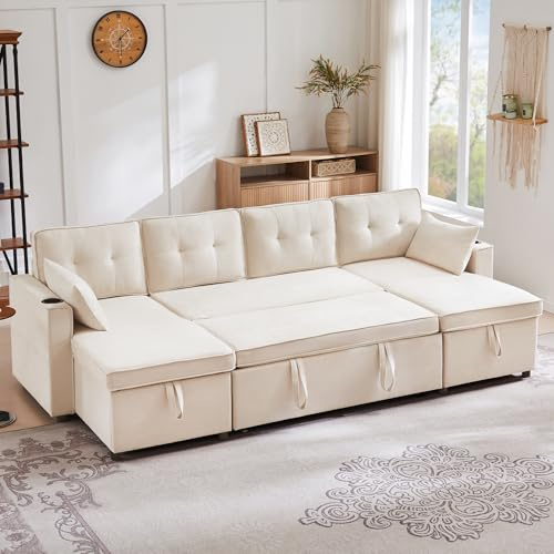 Bigsofas xxl,U-Sofa,Schlafsofa, Schlafsofa mit Schlaffunktion, U-förmiges Sofa, Polstersofa, Baumwoll-und Leinenstoffe, mit Getränkehalter, Stauräume, geeignet für Familien, Wohnzimmer usv. (Beige)