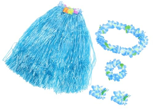 POPETPOP Jupe de Fête Hawaïenne Double Couche Bleu, Ensemble 5 Pièces en Herbe Synthétique, Accessoires Luau pour Fête, Costume Thème Plage et Soirée Tropicale