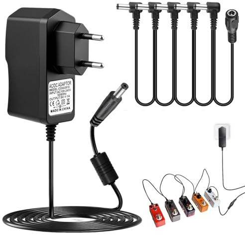 Netzteil für Gitarrenpedal 9V 1A SPA-10 Mitte Negativ Hülse Positiv | Power Supply Adapter Netzteil Adapter mit 5 Wege Daisy Chain Kabel für Gitarren Pedale Bass Effektpedalboard Einige Keyboards