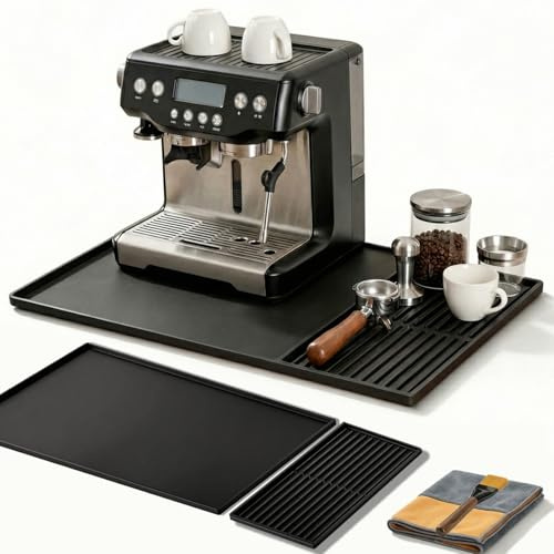 Silikonmatte Kaffeemaschine Unterlage, 60×40cm Kaffeematte mit Bürste | Rutschfeste Abtropfmatte mit Reinigungstuch, Schnelltrocknend Silikonmatte für Kaffeevollautomat & Siebträgermaschine