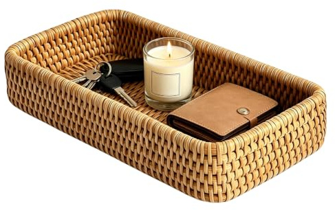 Rattan Tray, 21 × 11 × 4cm Small Woven Wicker Entryway Decorative | Natural Rattan, Easy Cleaning, Simple and Attractive for Bathroom Storage Vanity Towel